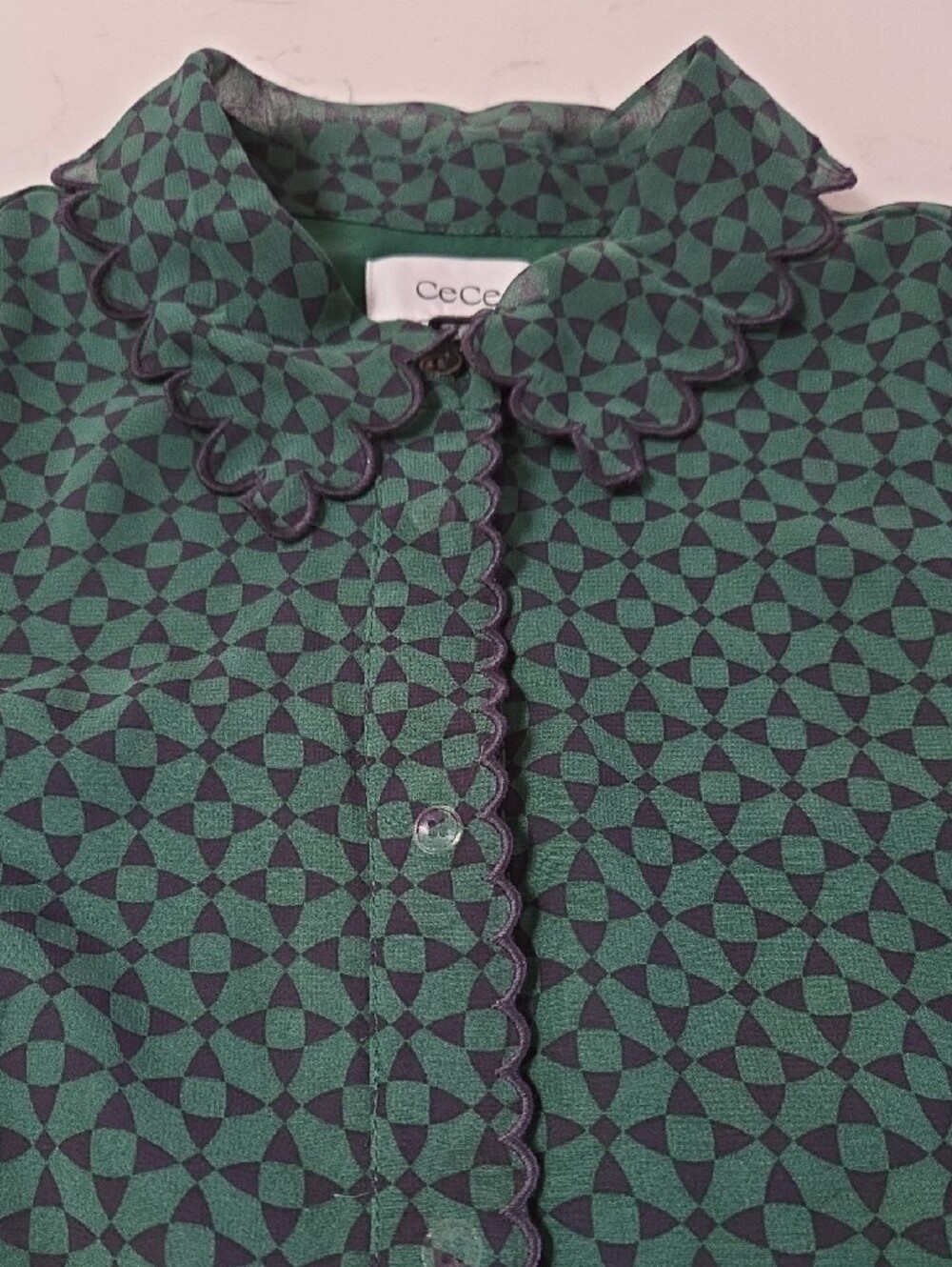 CeCe Teal and Navy Geometric Short-Sleeve Button Down Shirt - Picture 4 of 9